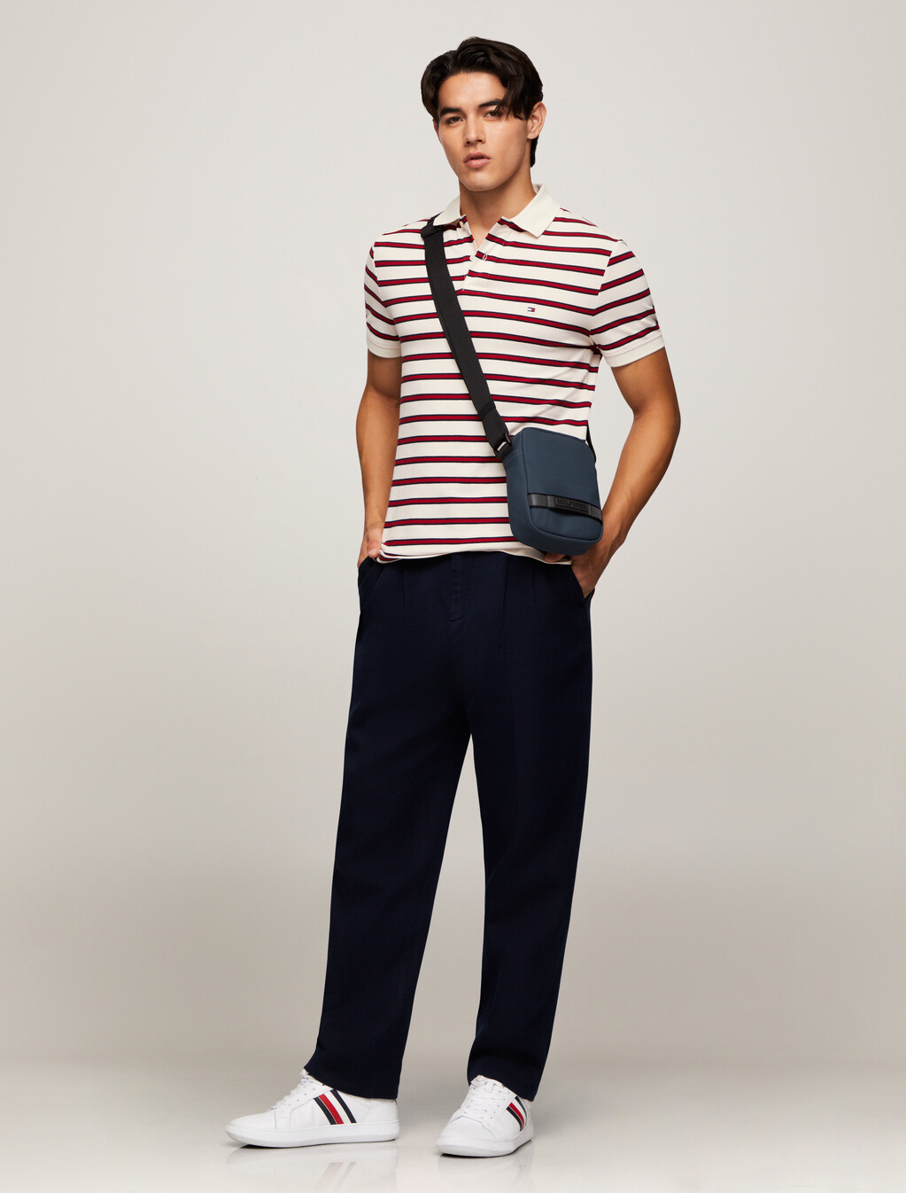 Stripe Polo Shirt, Ivory Petal / Medium Red, hi-res