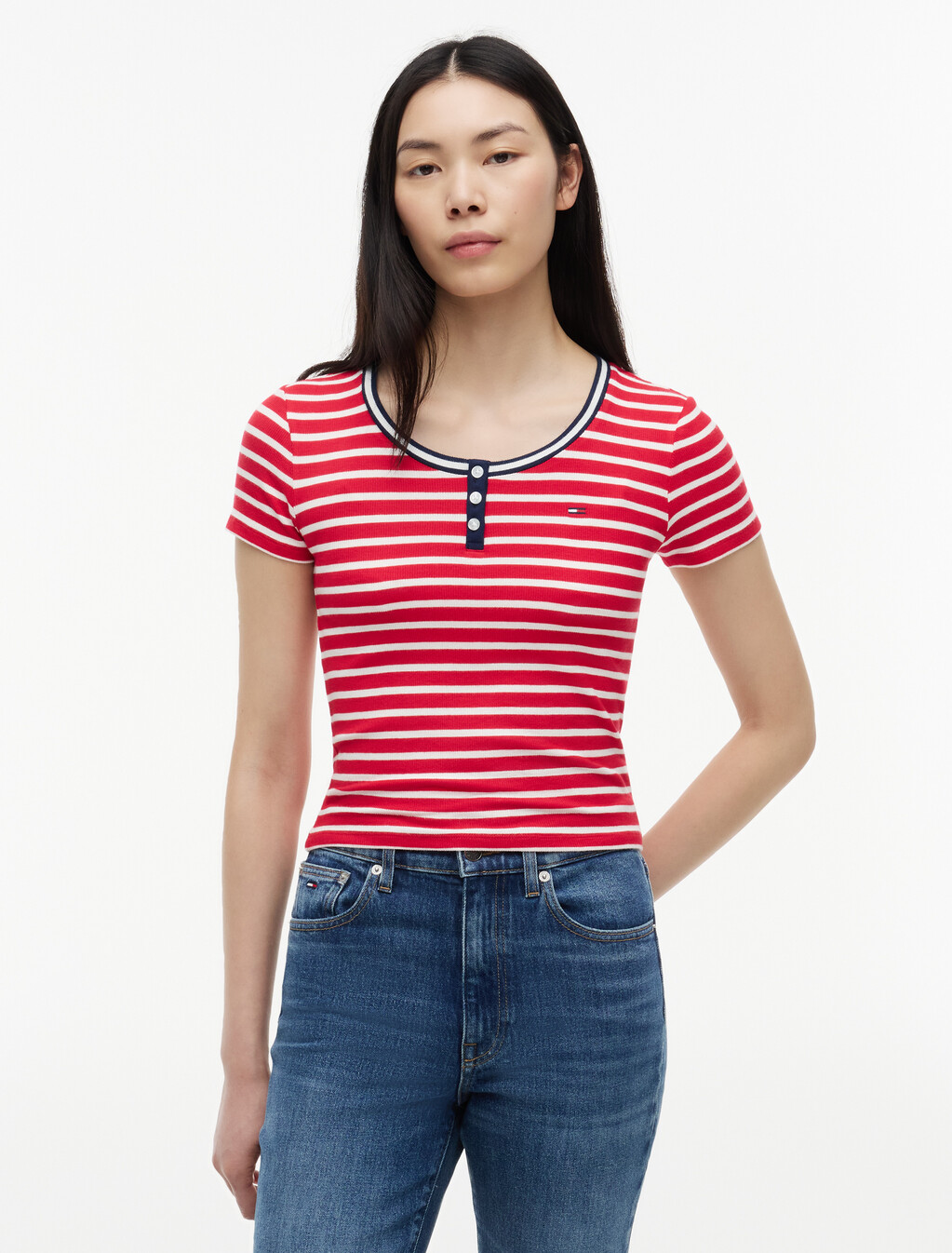 Slim Henley T-Shirt, Amaryllis Red / Stripe, hi-res