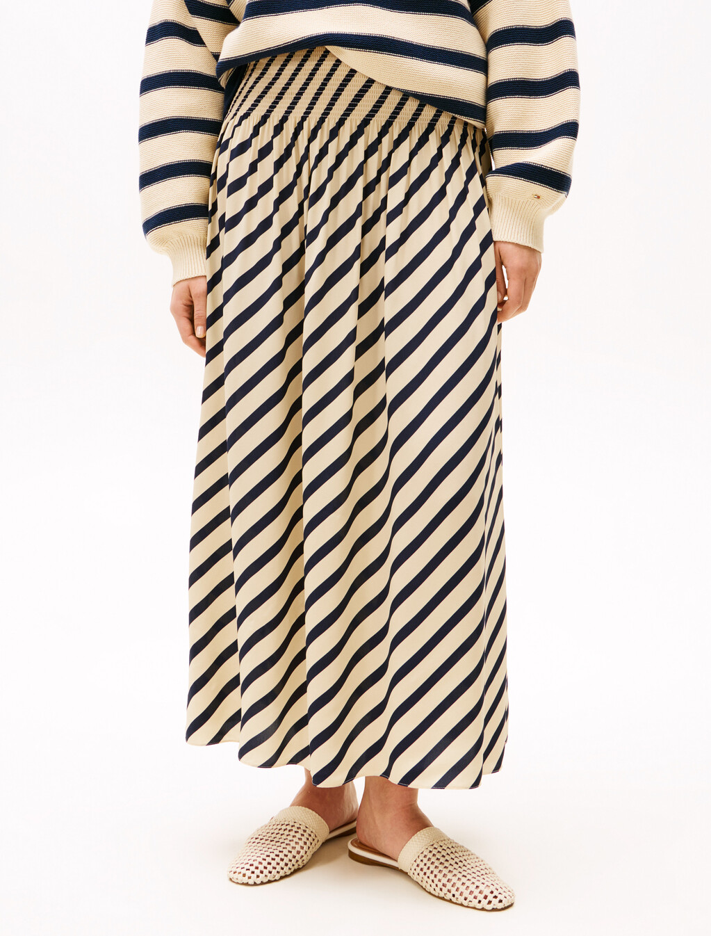 The Sofia Capsule Pleated Maxi Skirt, Dark Night Navy Stripe, hi-res