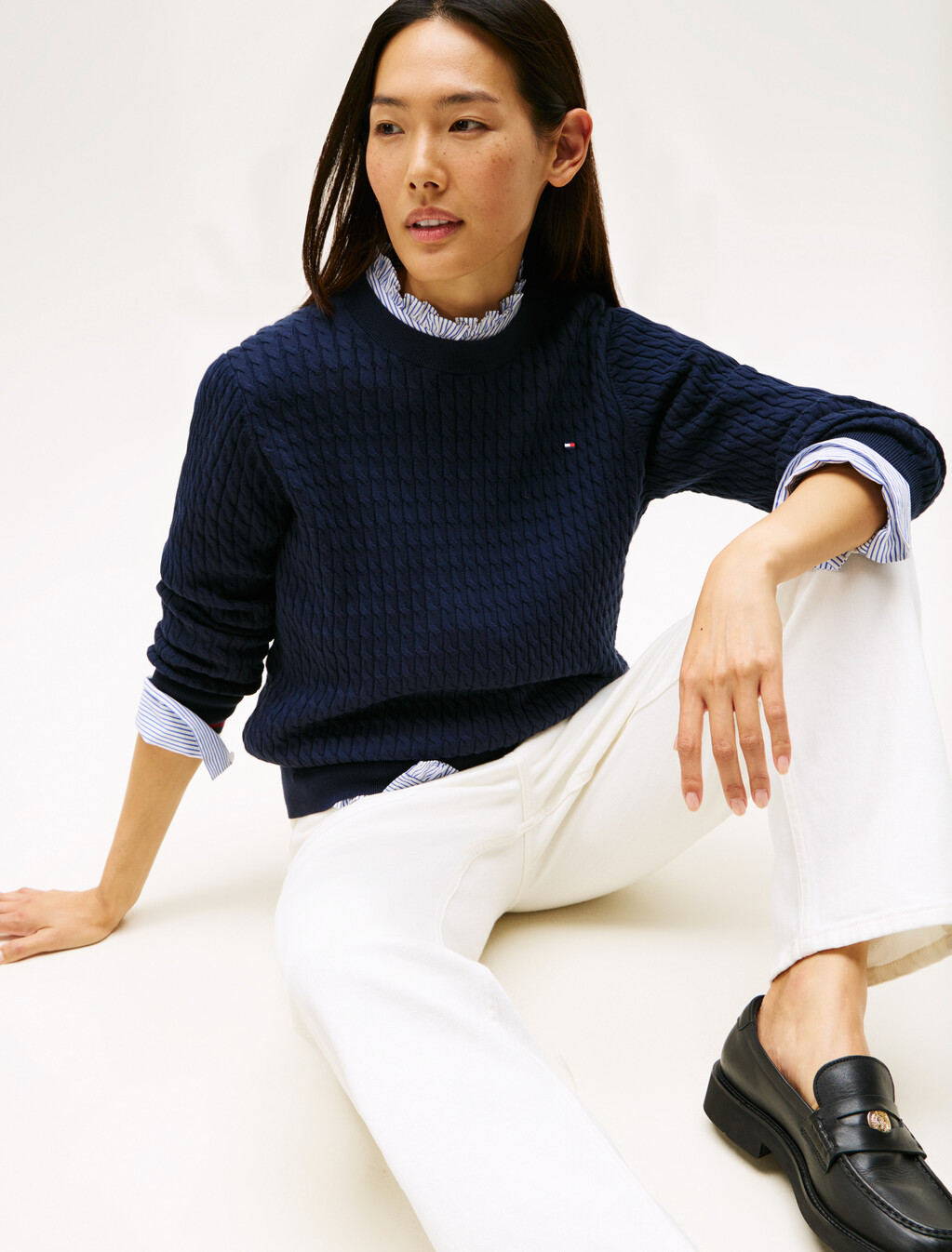 Fine Cable Knit Crew Neck Jumper, Dark Night Navy Gs Tipping, hi-res