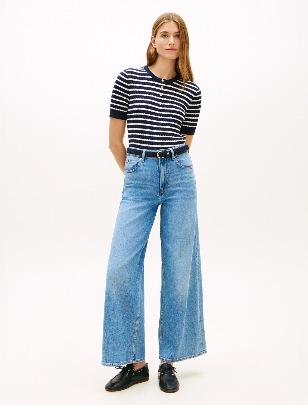 Fine Cable Knit Short Sleeve Henley Jumper, Dark Night Navy/Ivory Petal Stp, hi-res