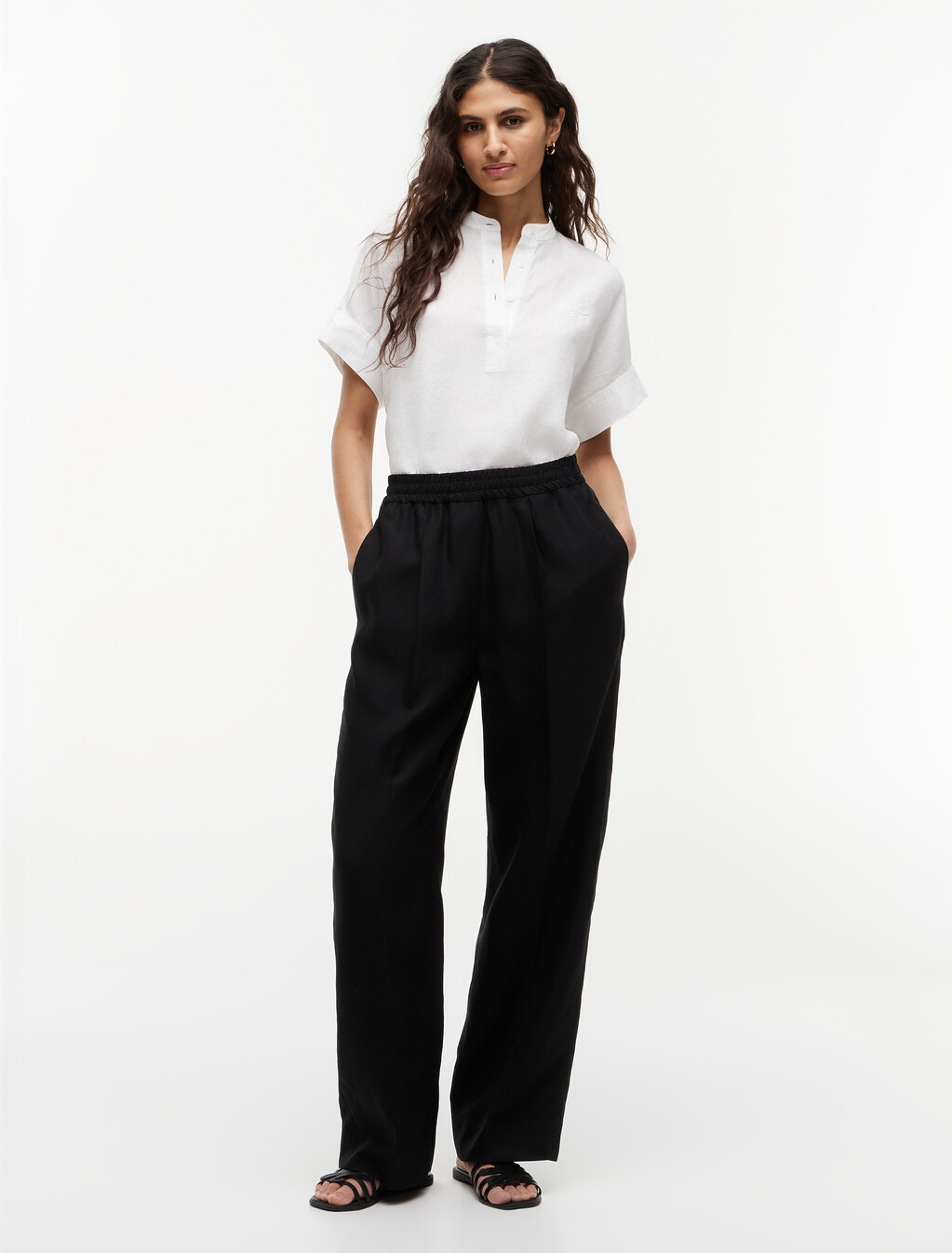 Loose Straight Trousers With Linen, Black, hi-res