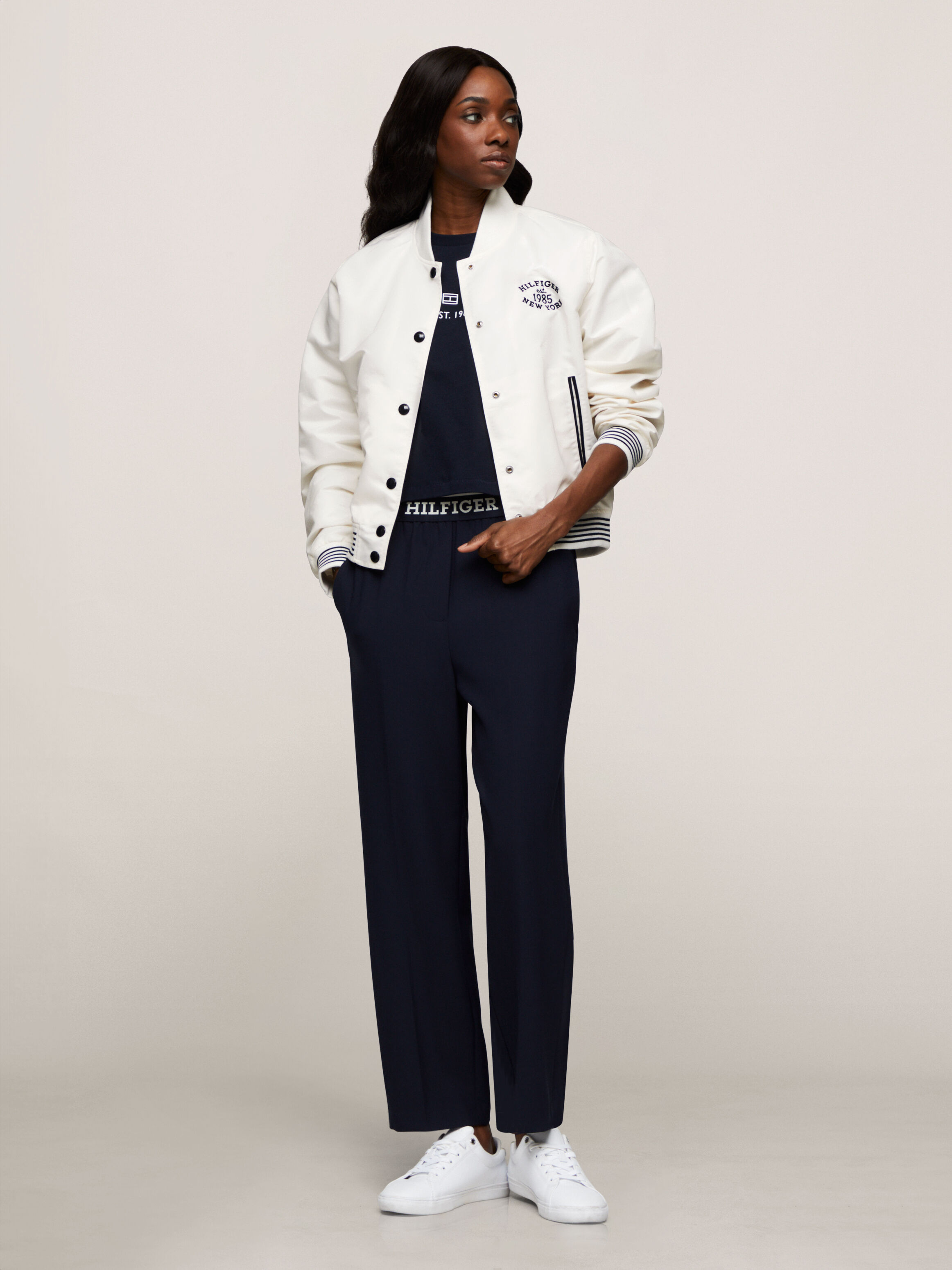 Tommy Hilfiger Varsity Water Repellent Bomber Jacket in Ancient White