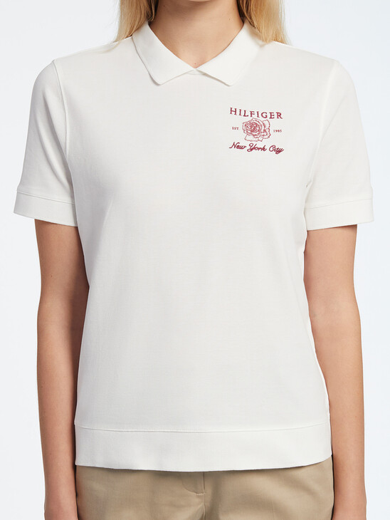 ROSE EMBROIDERY NECK CUT-OUT POLO