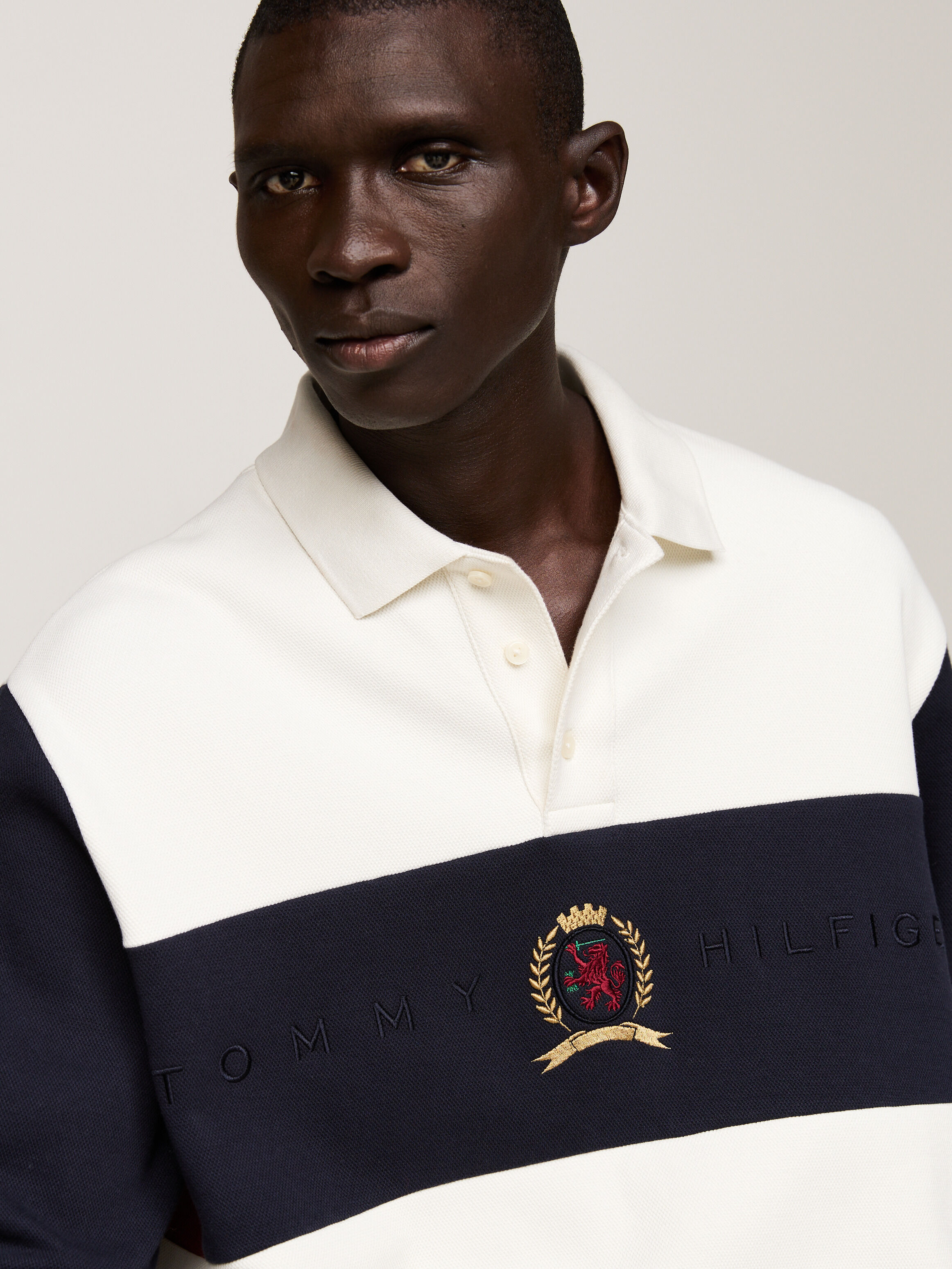 Tommy Hilfiger Crest Long Sleeve Boxy Polo Shirt in Ivory Desert Sky Regatta Red