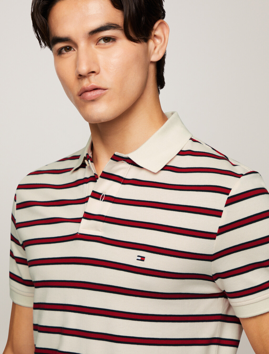 Stripe Polo Shirt, Ivory Petal / Medium Red, hi-res