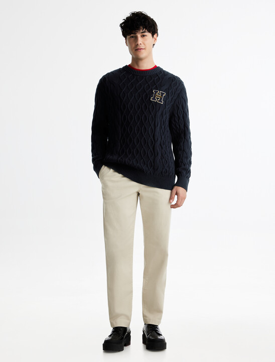 Cable Knit Letterman Applique Sweater