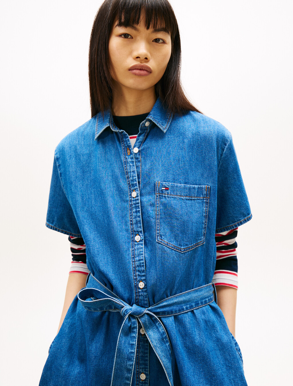 Chambray Belted Mini Shirt Dress, Denim Medium, hi-res