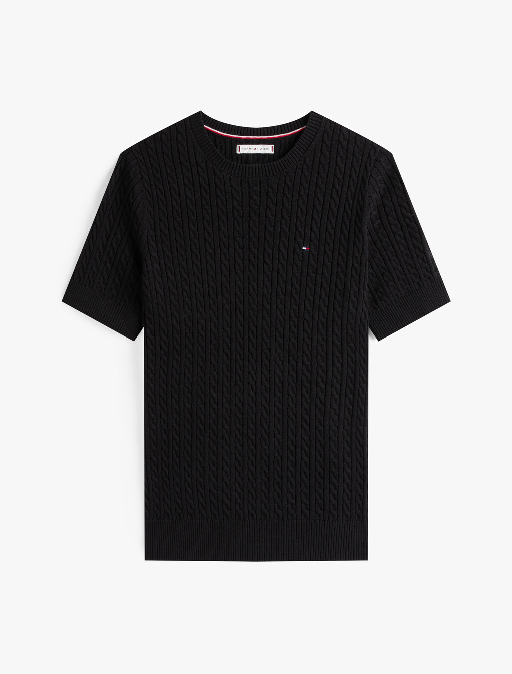 Cable Knit Short Sleeve Sweater, Black, hi-res