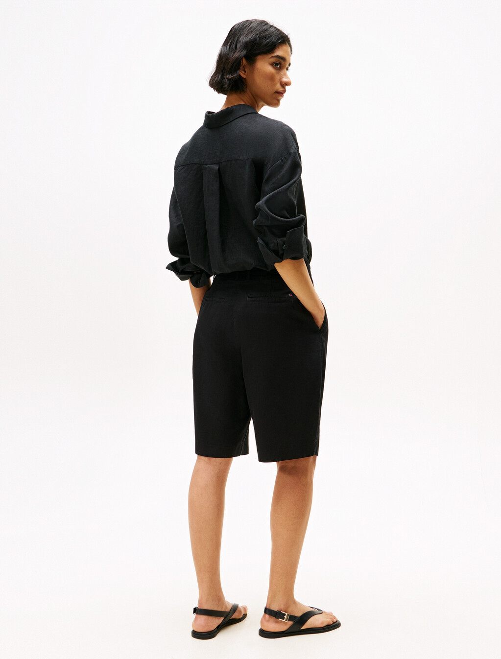 Wide Leg Bermuda Shorts With Linen, Black, hi-res