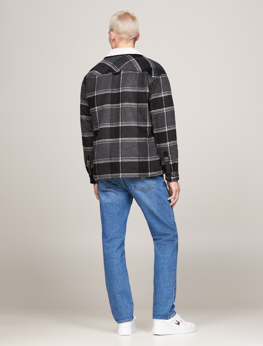 Sherpa Collar Check Casual Overshirt, Black Check, hi-res
