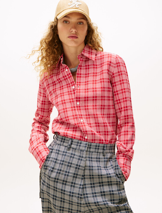 The Runway Collection Regular Silk Blend Shirt, Red/Cream Check The Runway Collection Regular Silk Blend Shirt