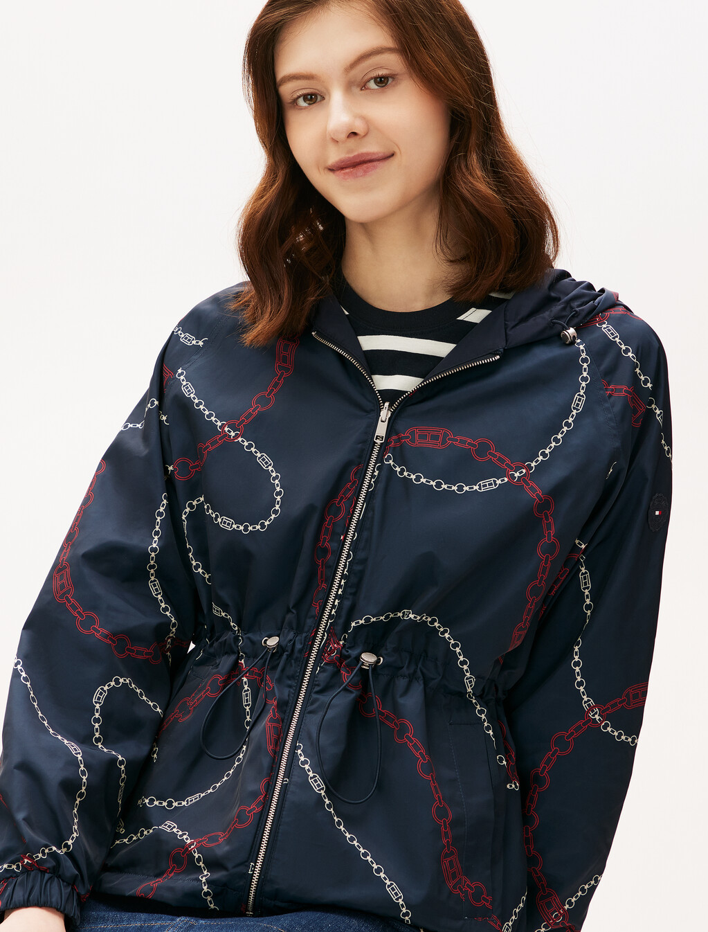 Chain Print Reversible Windbreaker, Flag Chain Wavy/ Navy, hi-res