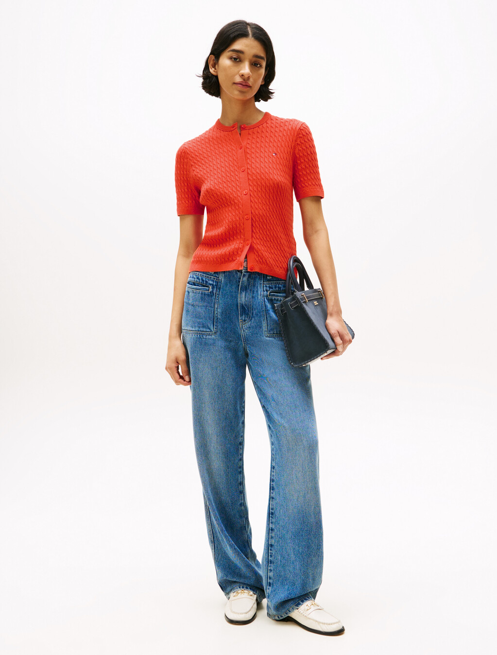 Cable Knit Round Neck Cardigan, Brilliant Orange, hi-res
