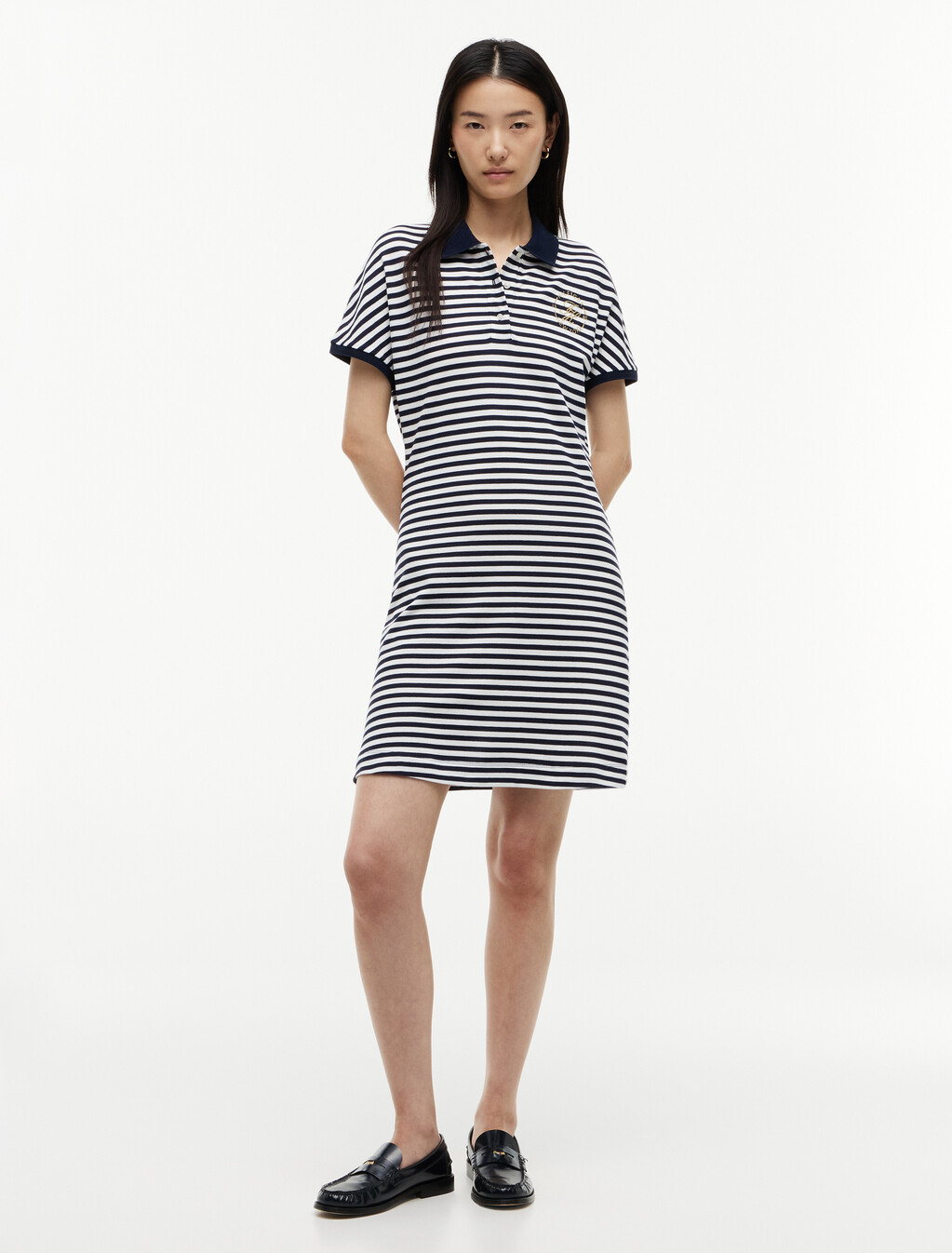 Metallic Logo Pique Mini Polo Dress, Breton Stripe Dark Night Navy/Ecru, hi-res