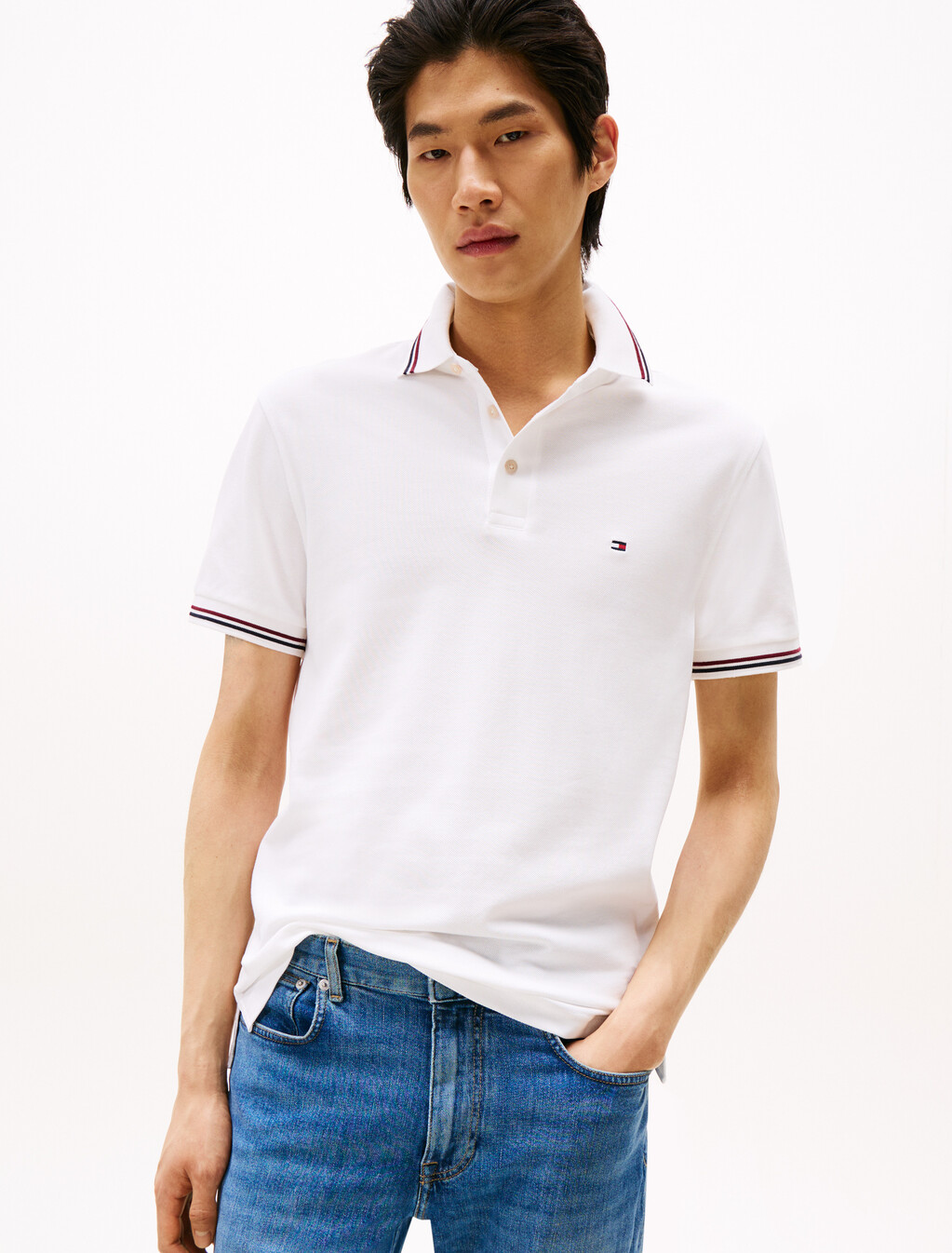 Tipped Slim Polo, White, hi-res