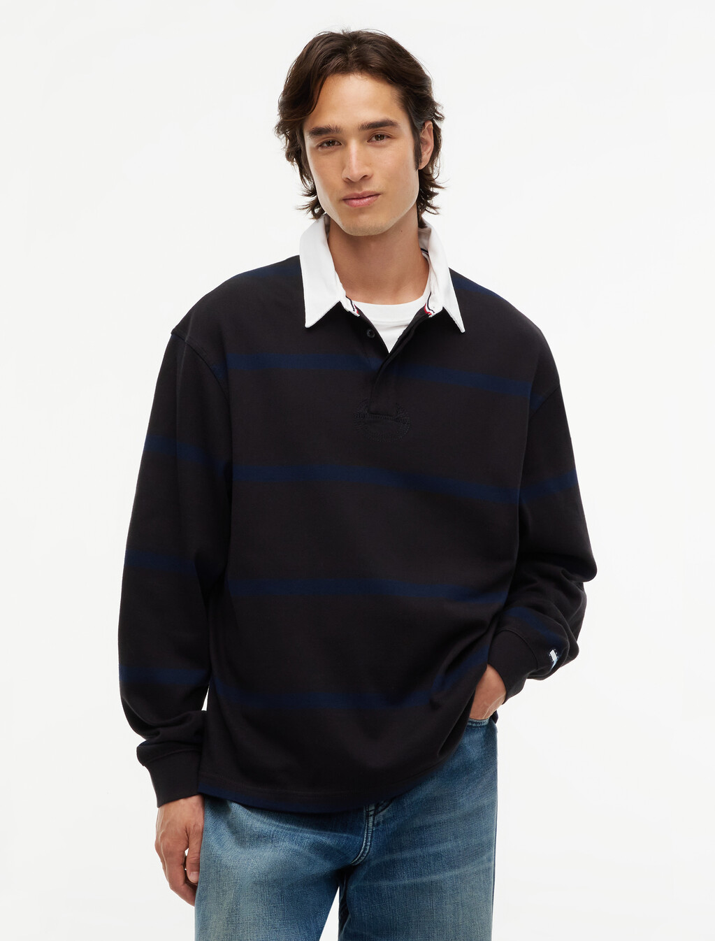 Stripe Jersey Rugby Shirt, Black / Navy Blue, hi-res