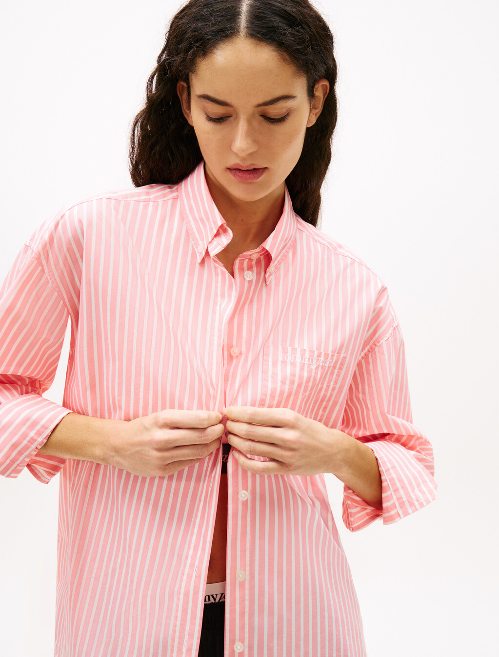 Oversized Fit Logo Embroidery Poplin Shirt, Tropical Blush / Stripe, hi-res