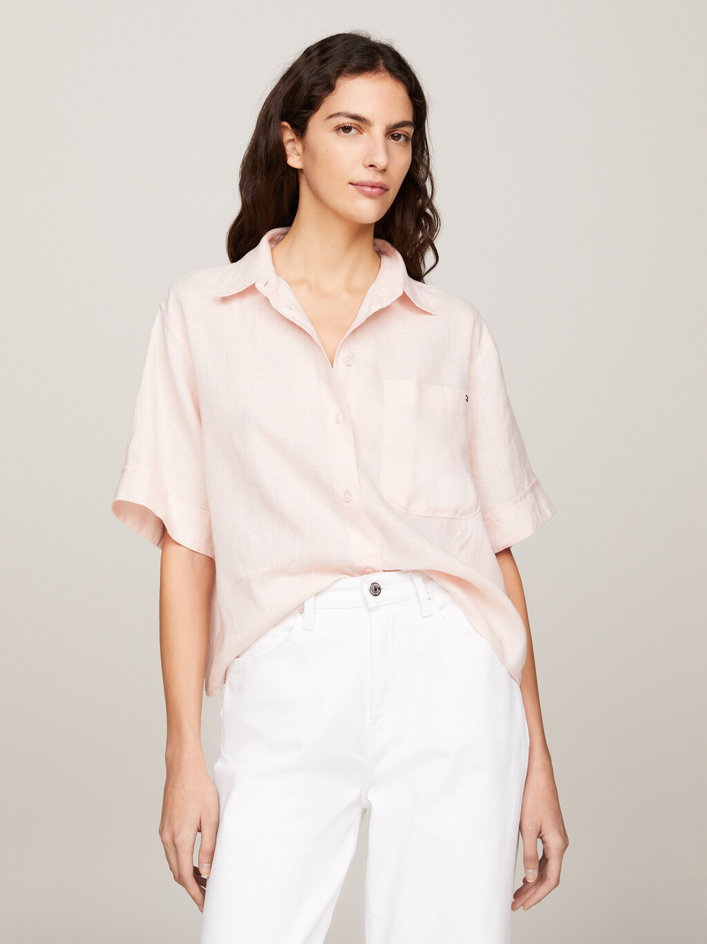 Linen Relaxed Fit Short Sleeve Shirt, Whimsy Pink, hi-res