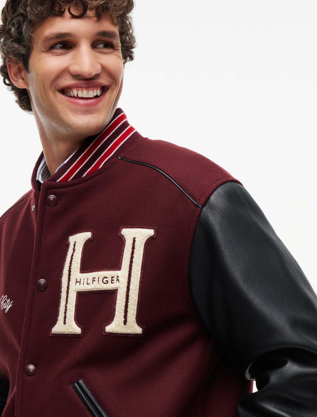 Wool Blend Varsity Jacket With Cashmere, Burgundy Velvet, hi-res