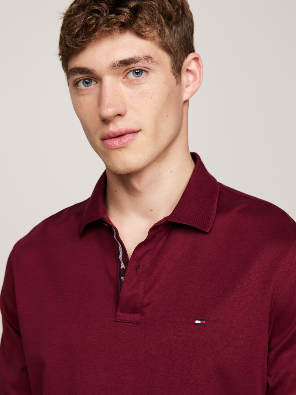 Jacquard Long Sleeve Polo Shirt, Deep Rouge, hi-res