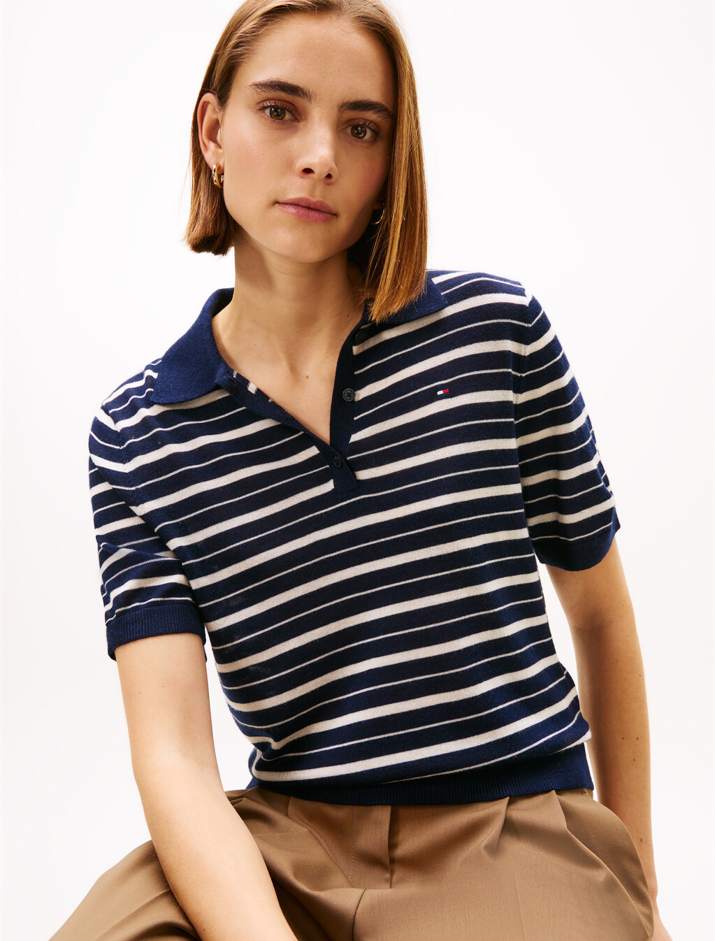 Short Sleeve Polo Jumper With Silk, Dark Night Navy/Calico Multi Stp, hi-res