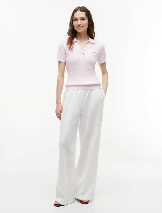 Fine Gauge Cable Knit Polo  Short Sleeve Jumper