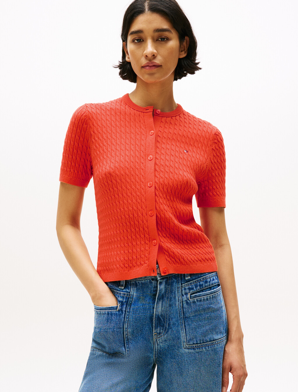 Cable Knit Round Neck Cardigan, Brilliant Orange, hi-res
