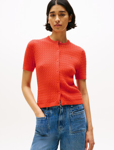Cable Knit Round Neck Cardigan, Brilliant Orange, hi-res