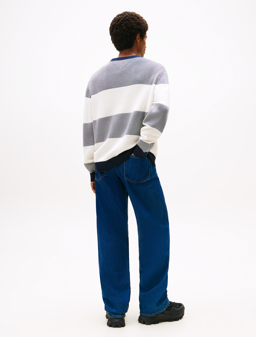 Textured Stripe Script Logo Sweater, Dark Night Navy Stripe, hi-res