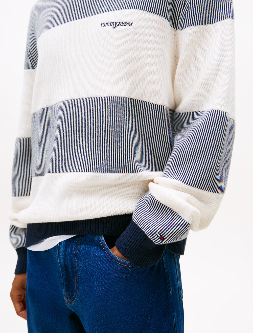 Textured Stripe Script Logo Sweater, Dark Night Navy Stripe, hi-res