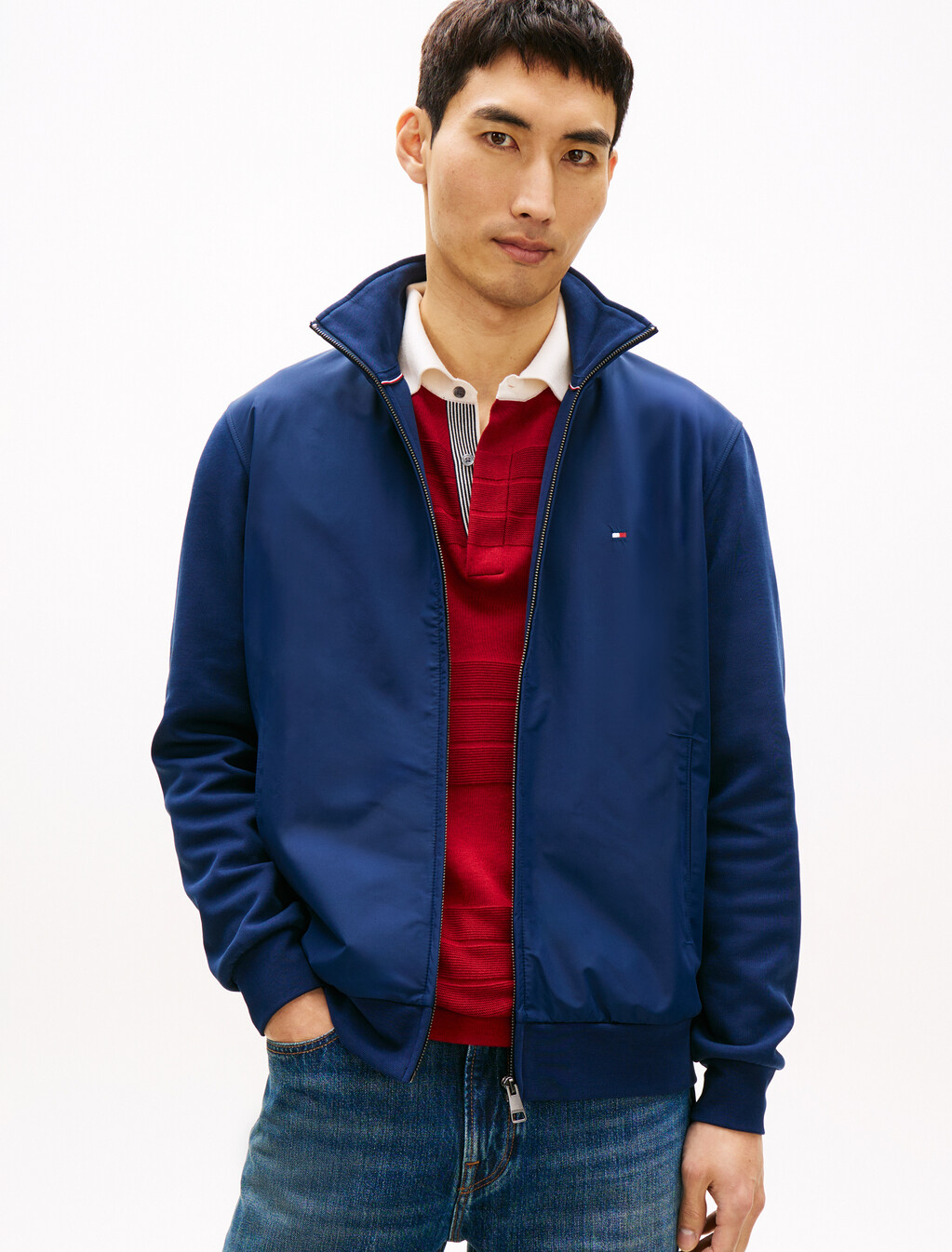 Essential Mix Fabric Zip Thru Jacket, Carbon Navy, hi-res