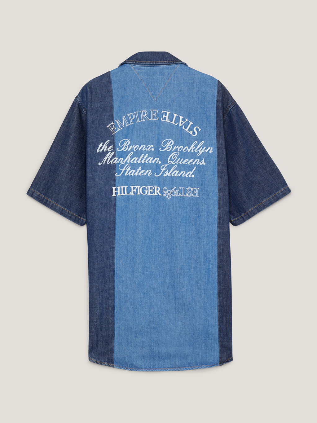 Crest Colour-Blocked Short Sleeve Denim Shirt, Indigo Blue, hi-res