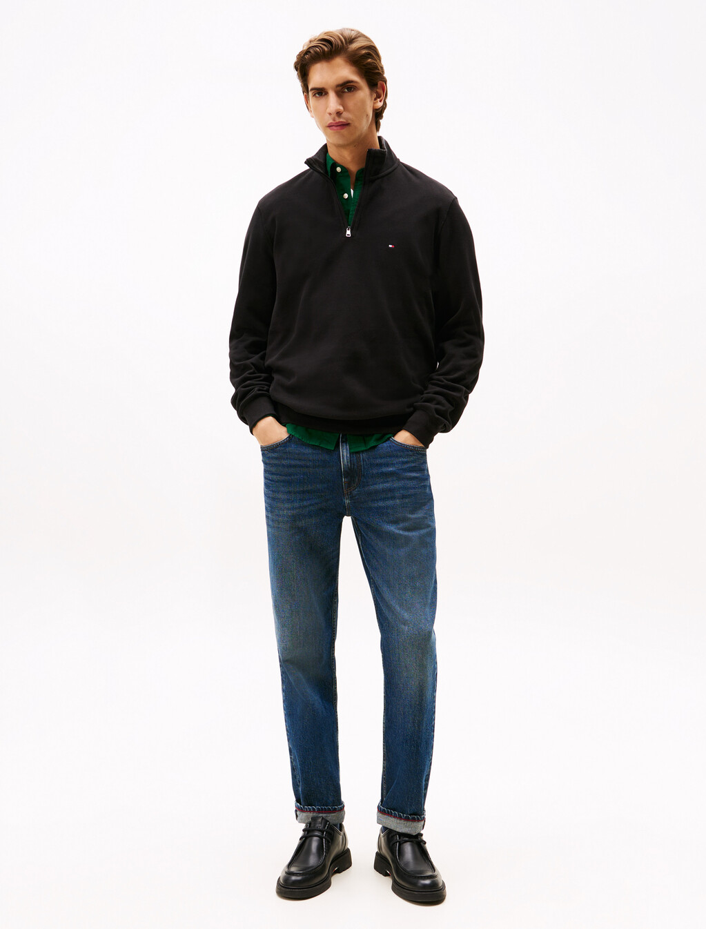 French Rib Knit 1/4 Zip Sweater, Black, hi-res
