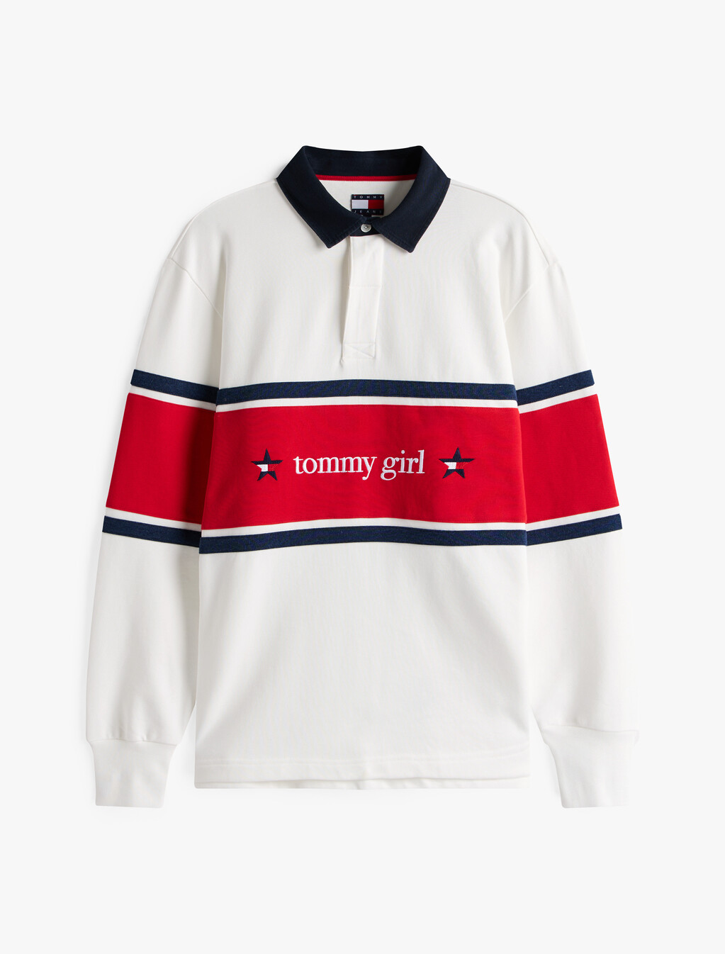 Tommy Girl Back Logo Relaxed Stripe Rugby Shirt, Ecru, hi-res