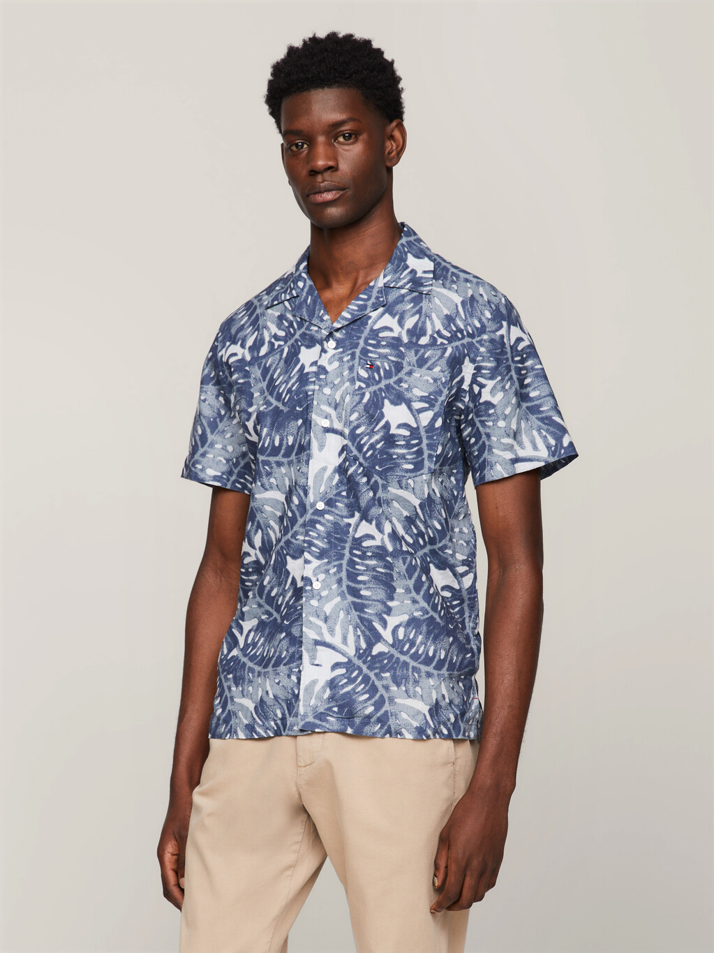 Tropical Print Linen Regular Short Sleeve Shirt, Basic Navy / Multi, hi-res