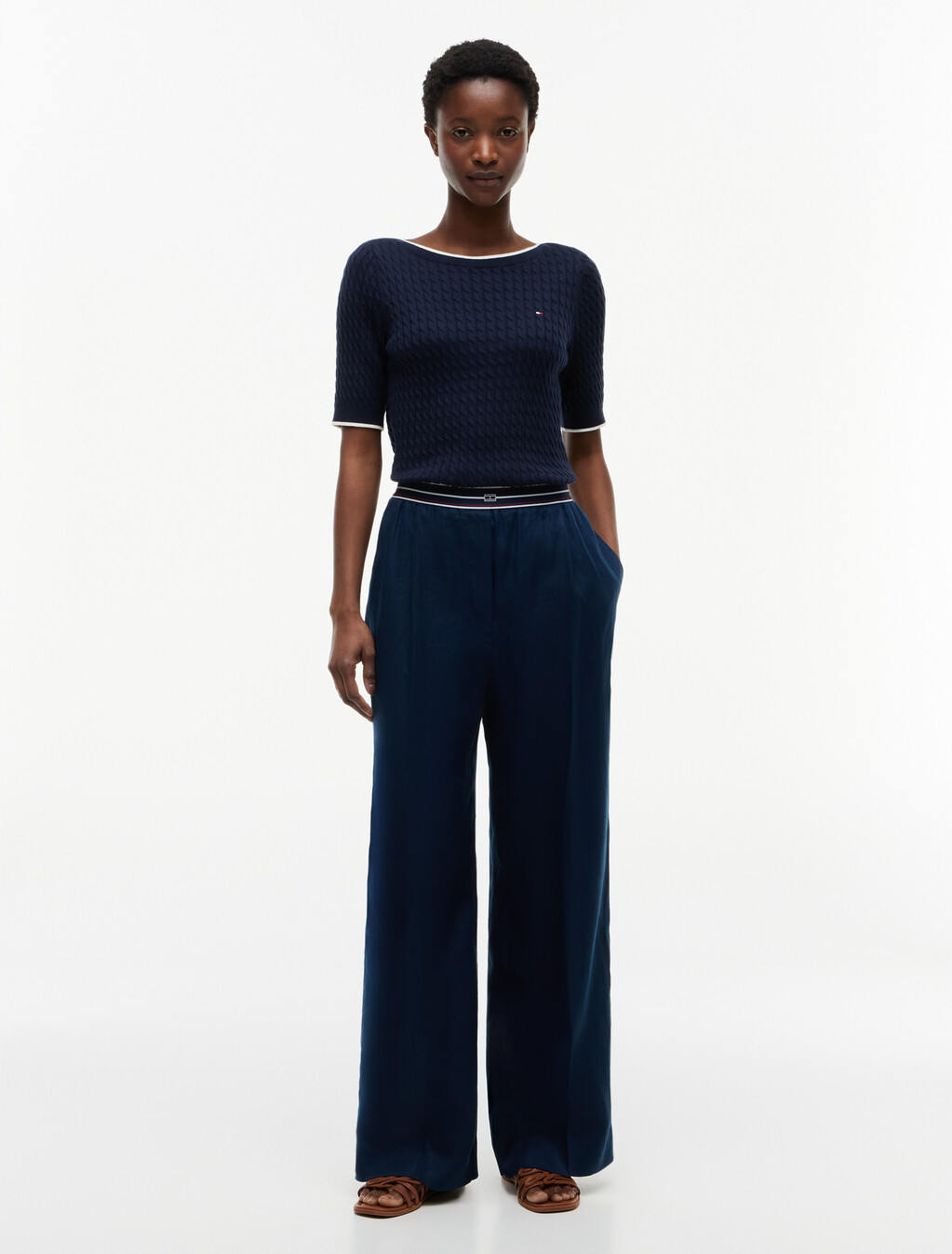 Pure Linen Twill Straight Pants, Dark Night Navy, hi-res