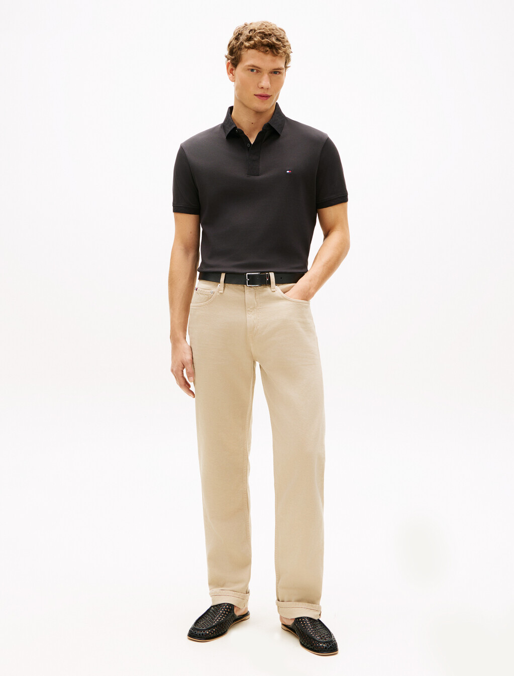 Regular Pique Jacquard Collar Polo Shirt, Black, hi-res