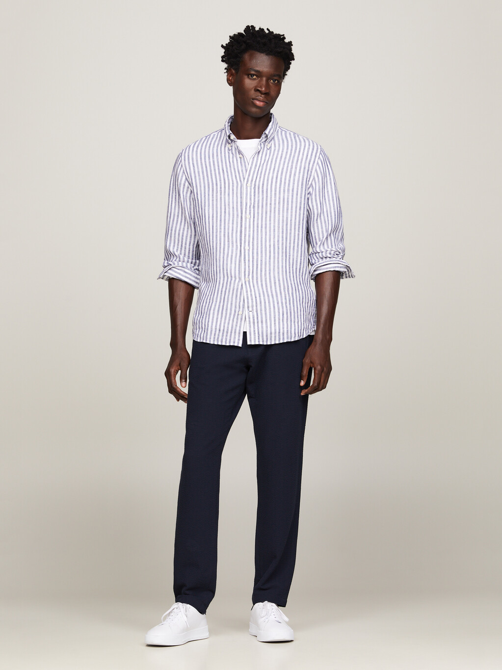 Linen Stripe Regular Fit Shirt, Th Dark Navy / Optic White, hi-res