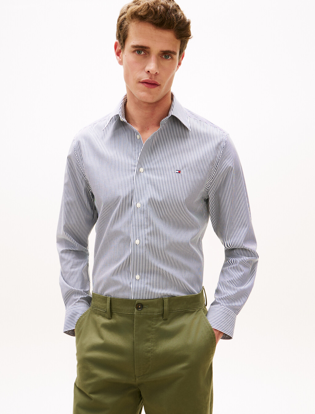 Non Iron Striped Long Sleeve Shirt, Carbon Navy / White, hi-res