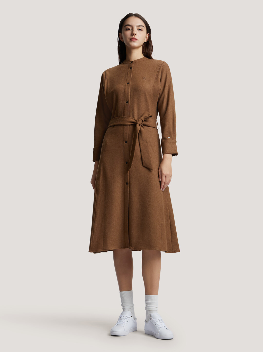 Wool Midi Shirt Dress, Natural Cognac, hi-res