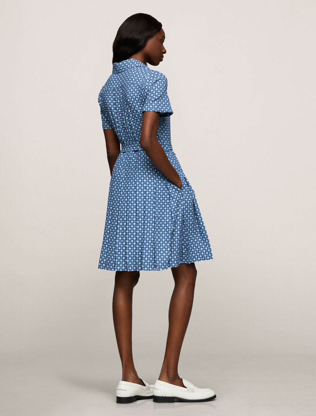 Foulard Pleat Shirt Dress, Heritage Foulard/ Fossil Blue, hi-res