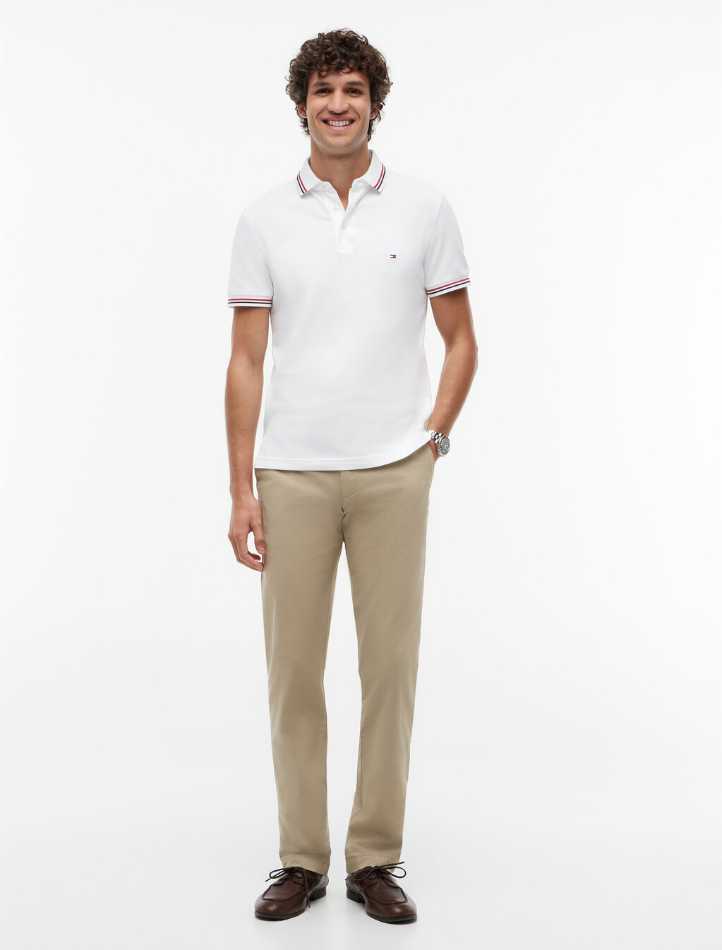 Tipped Slim Polo, White, hi-res