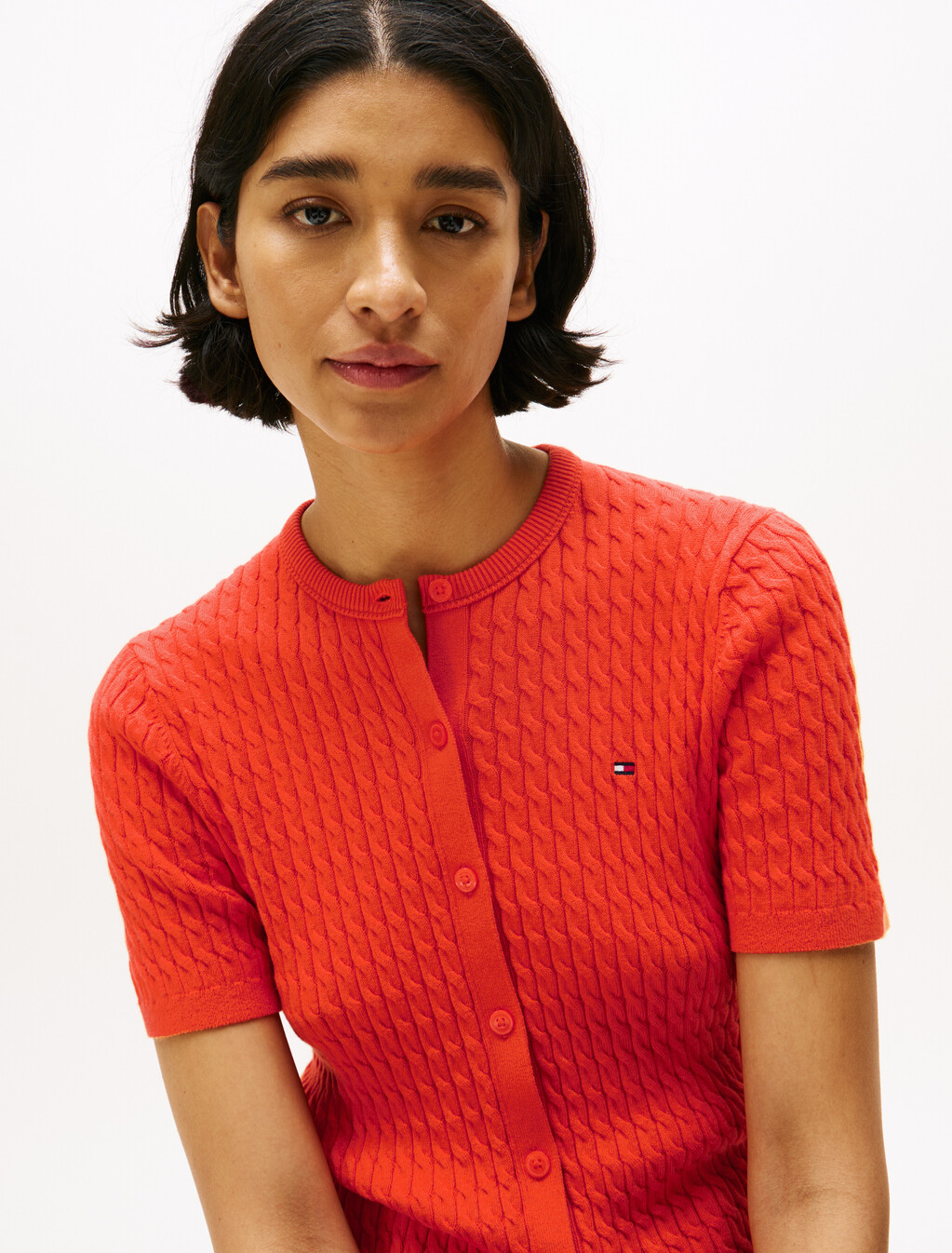 Cable Knit Round Neck Cardigan, Brilliant Orange, hi-res