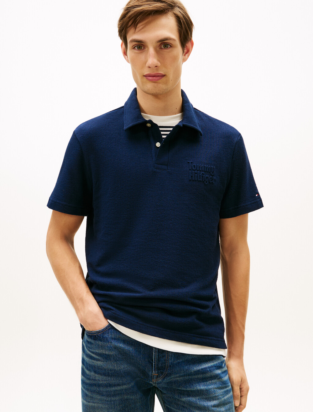 Reverse Terry Embossed Logo Polo, Dark Night Navy, hi-res