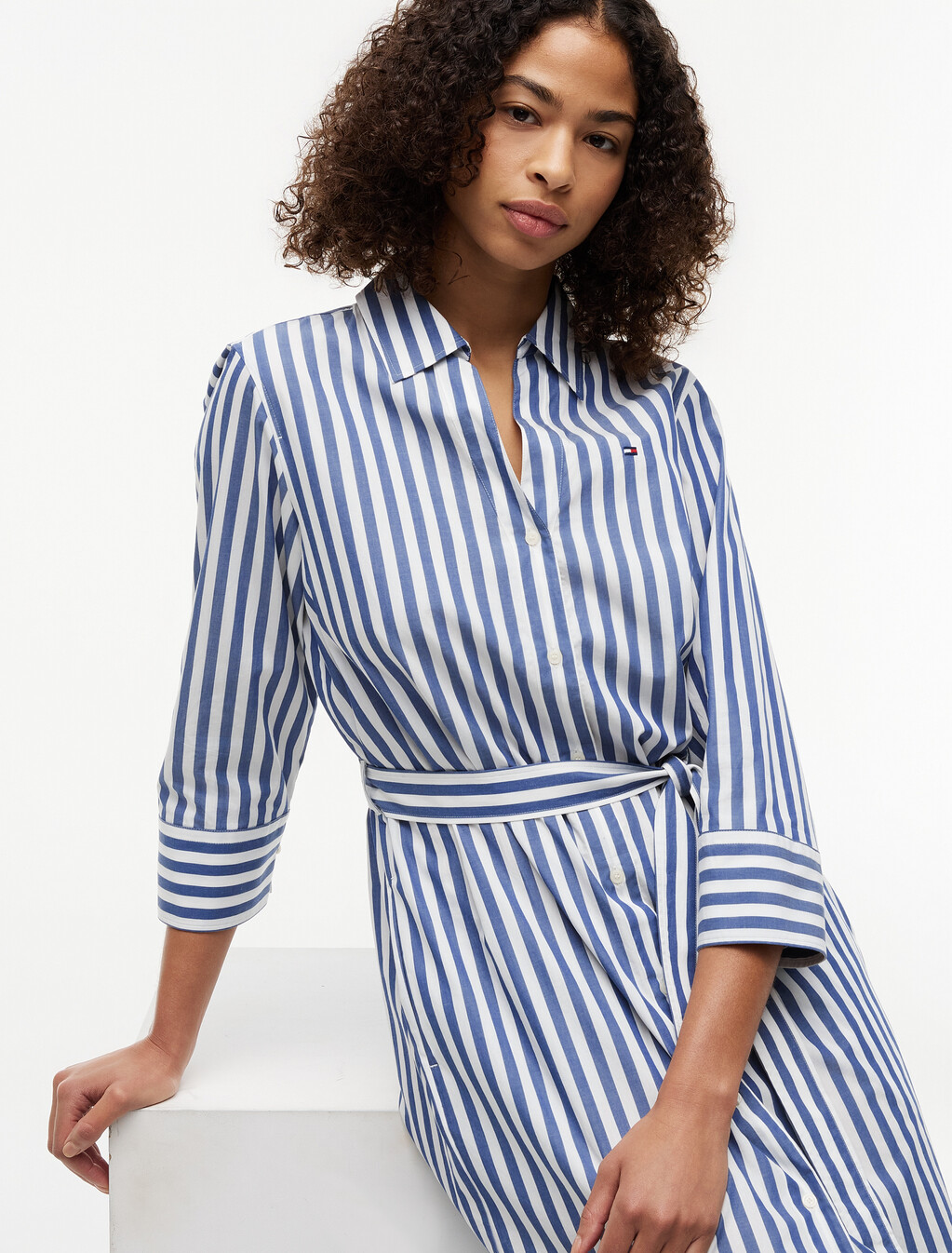 Belted Relaxed Midi Shirt Dress, Wide Banker Stp Ecru Seashore Navy, hi-res