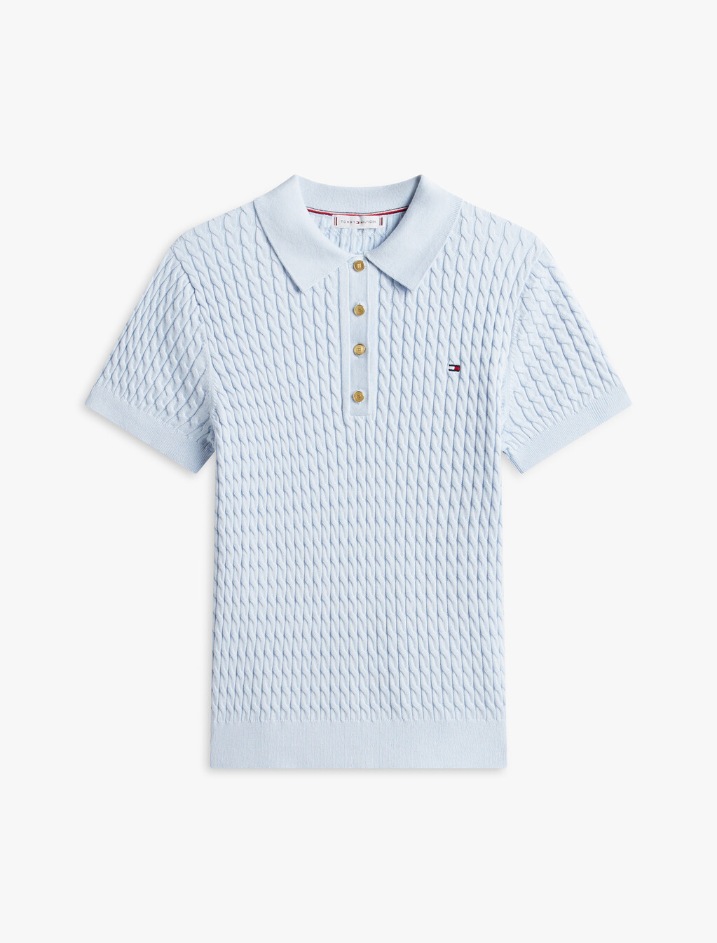 Fine Gauge Cable Knit Polo  Short Sleeve Jumper, Breezy Blue, hi-res