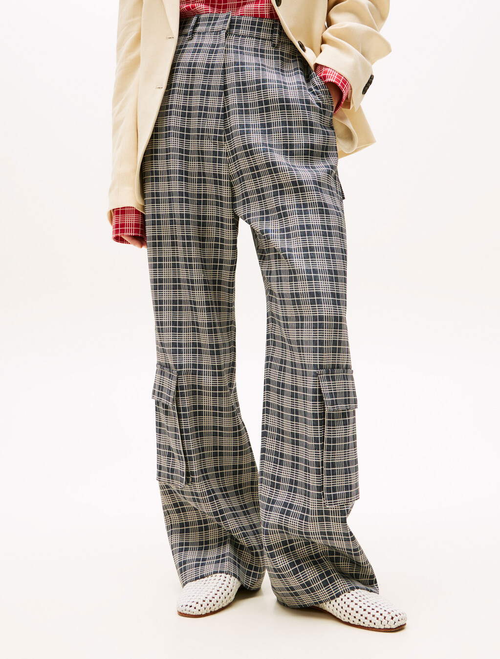 The Runway Collection Oversized Tailored Cargo Trousers, Navy Cream Check, hi-res