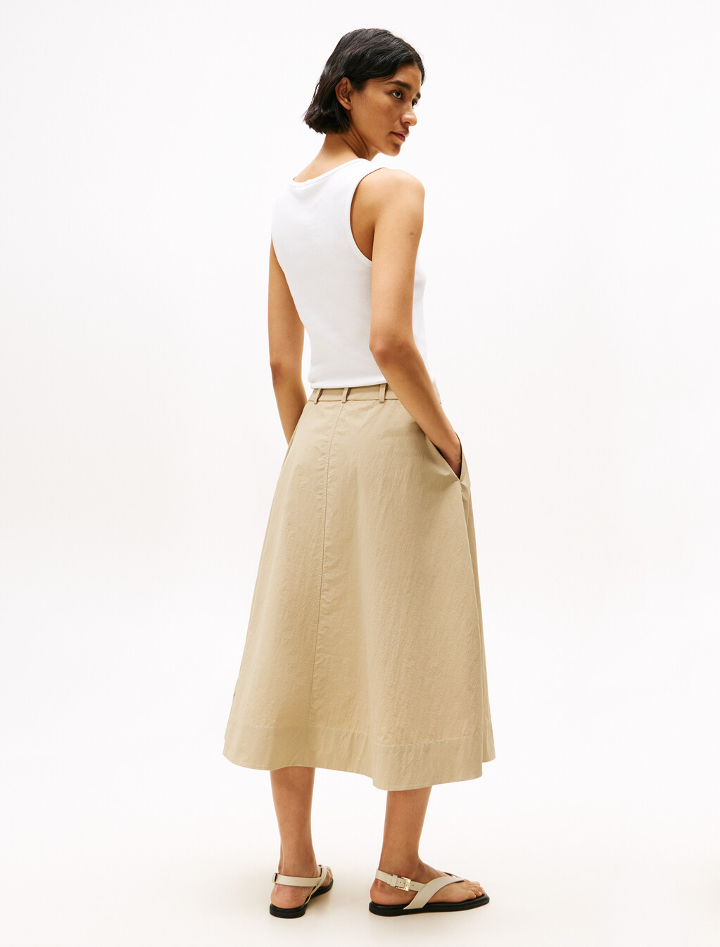 Asia Fit Nylon Chino Midi Skirt, Beige, hi-res