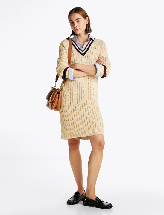 Varsity Cable Knit V Neck Sweater Dress
